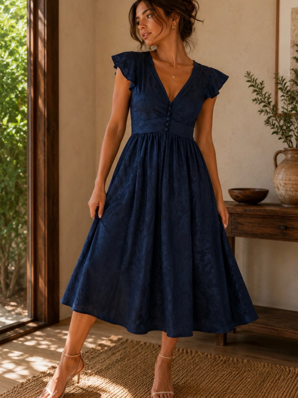 Marc by Marc Jacobs Navy Textured Fit-and-Flare Midi Dress